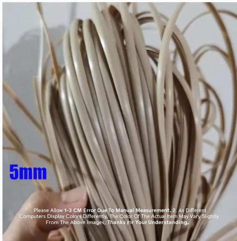 May include: Close-up of a bundle of beige-colored, flat rattan strips, each approximately 5mm wide. The image includes text indicating a measurement of 5mm and a disclaimer about color variations and measurement errors.