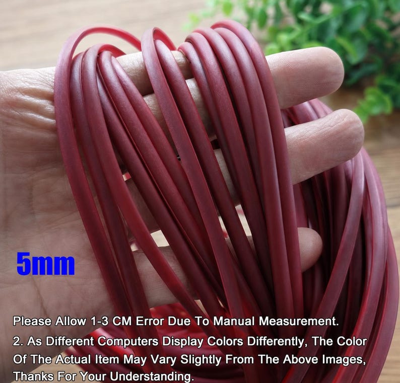 May include: A bundle of maroon-colored rubber tubing, approximately 5mm in diameter, is held in a hand. The text "5mm" is visible in the lower left corner. The image also includes text about measurement error and color variations.