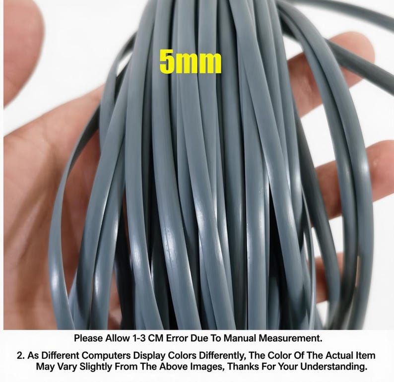 May include: A bundle of gray, flexible plastic tubing, approximately 5mm in diameter, is held in a hand. The text "5mm" is displayed in yellow. The image also contains text regarding measurement error and color variations.