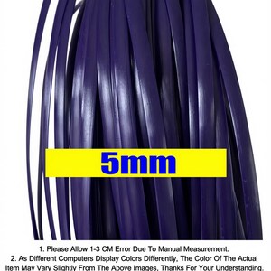 May include: Close-up of a bundle of dark purple, flat, flexible strips. A yellow rectangle with the text "5mm" in blue is at the bottom. The image also includes text about measurement error and color variations.