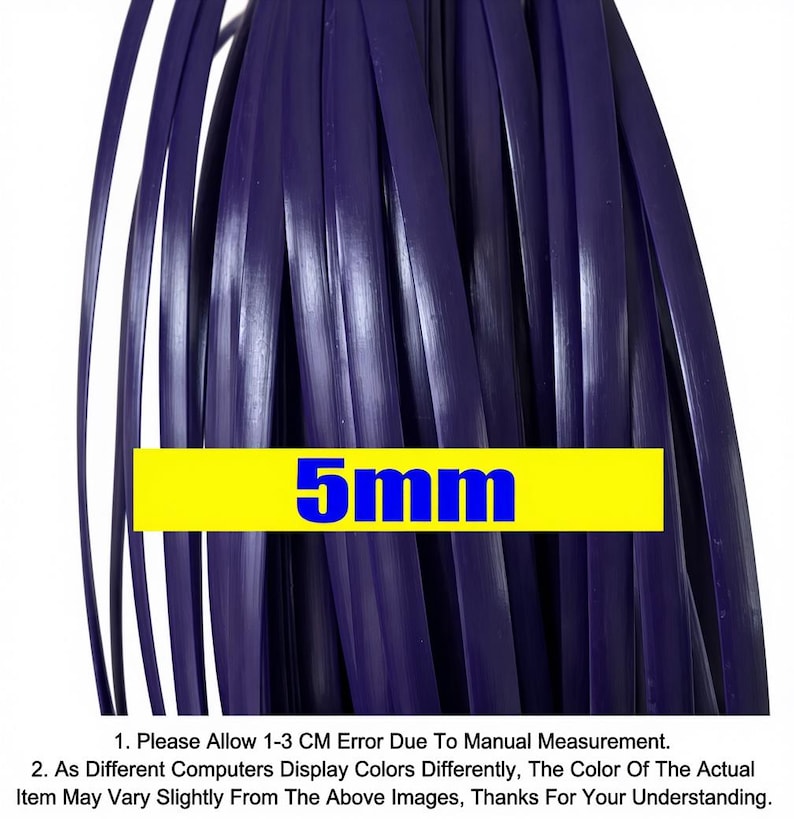 May include: Close-up of a bundle of dark purple, flat, flexible strips. A yellow rectangle with the text "5mm" in blue is at the bottom. The image also includes text about measurement error and color variations.