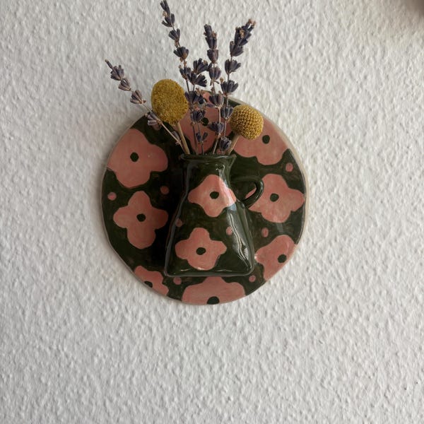 Handmade Ceramic Wall Vase: Green & Pink Floral Decoration