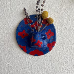 Ceramic wall decoration, ceramic wall hanging vase, wall decor, red and blue vase, ceramic vase, handmade ceramic