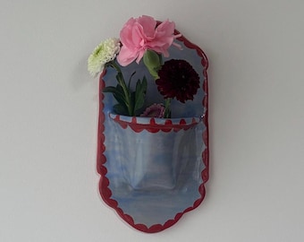 Handmade Ceramic Wall Vase Blue & Red Floral Decor