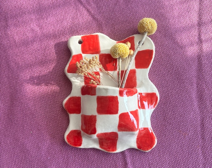 Checkered Ceramic Wall Vase: Handmade Wall Decor
