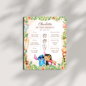 K&ouml;nnte beinhalten: Ein personalisiertes Poster zum ersten Geburtstag mit tropischem Thema. Das Poster zeigt den Namen "Charlotte", das Datum 03.05.25 und Details wie Gewicht (10,4 kg) und Gr&ouml;&szlig;e (73,7 cm). Enth&auml;lt Zeichentrickfiguren und florale Akzente.