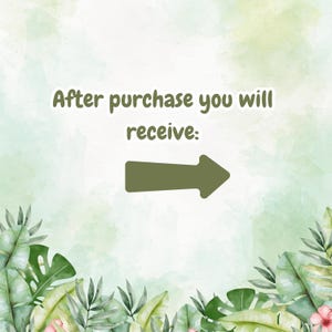 Op de afbeelding: Een groene aquarel achtergrond met een witte pijl die naar rechts wijst. De tekst "Na aankoop ontvangt u:" staat in het groen boven de pijl.