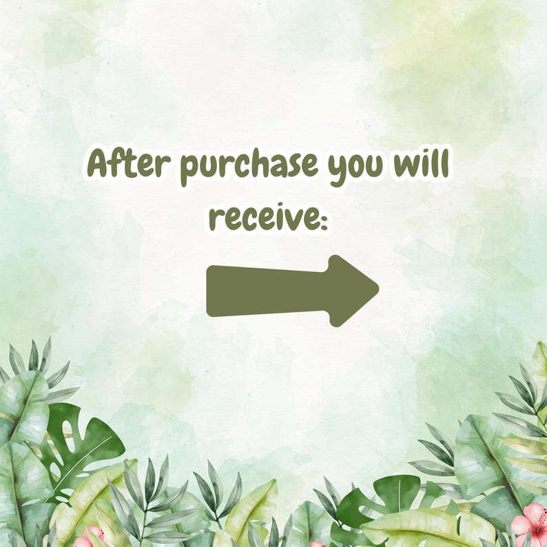 Op de afbeelding: Een groene aquarel achtergrond met een witte pijl die naar rechts wijst. De tekst "Na aankoop ontvangt u:" staat in het groen boven de pijl.