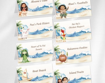 Carpa de comida editable para cumpleaños de Moana, plantilla de etiqueta de comida de Moana, decoración para fiesta infantil de Moana, tarjeta de carpa de comida de Moana, etiqueta de comida de Moana, carpa de mesa de Moana