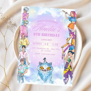 May include: A custom invitation for Amelia's 8th birthday, featuring a light purple and blue color scheme. The invitation includes illustrations of anime-style characters and a cartoon cat. Text includes the date, time, and RSVP information.