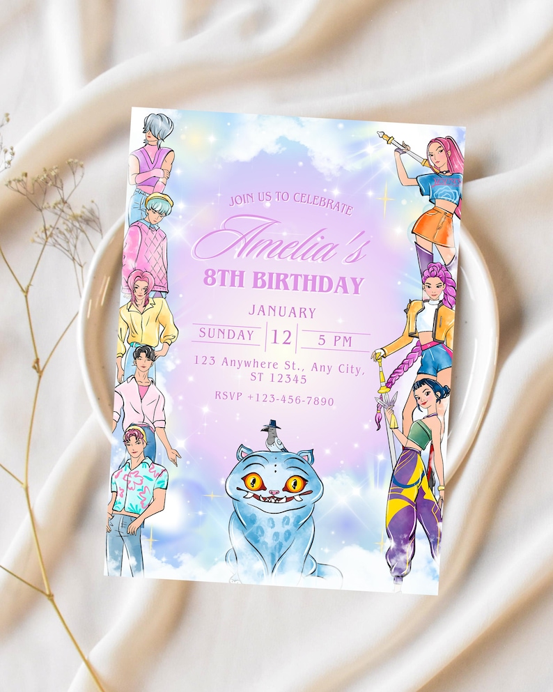 May include: A custom invitation for Amelia's 8th birthday, featuring a light purple and blue color scheme. The invitation includes illustrations of anime-style characters and a cartoon cat. Text includes the date, time, and RSVP information.