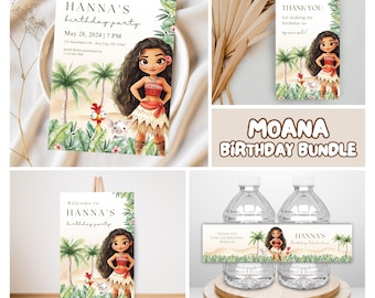 Editable Hawaiian Moana Kids Birthday Pack Bundle, Moana Invitation Template, Moana Gift Tag Welcome Sign Bottle Label, Moana Party Favors