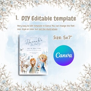 May include: A DIY editable template for a birthday invitation, size 5x7 inches. The invitation features watercolor illustrations of animated characters, with the text "Hannah's Birthday" and event details. The Canva logo is also visible.