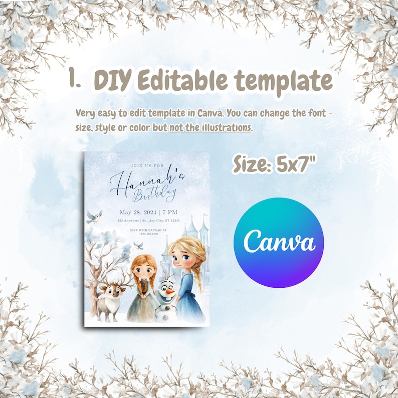 May include: A DIY editable template for a birthday invitation, size 5x7 inches. The invitation features watercolor illustrations of animated characters, with the text "Hannah's Birthday" and event details. The Canva logo is also visible.