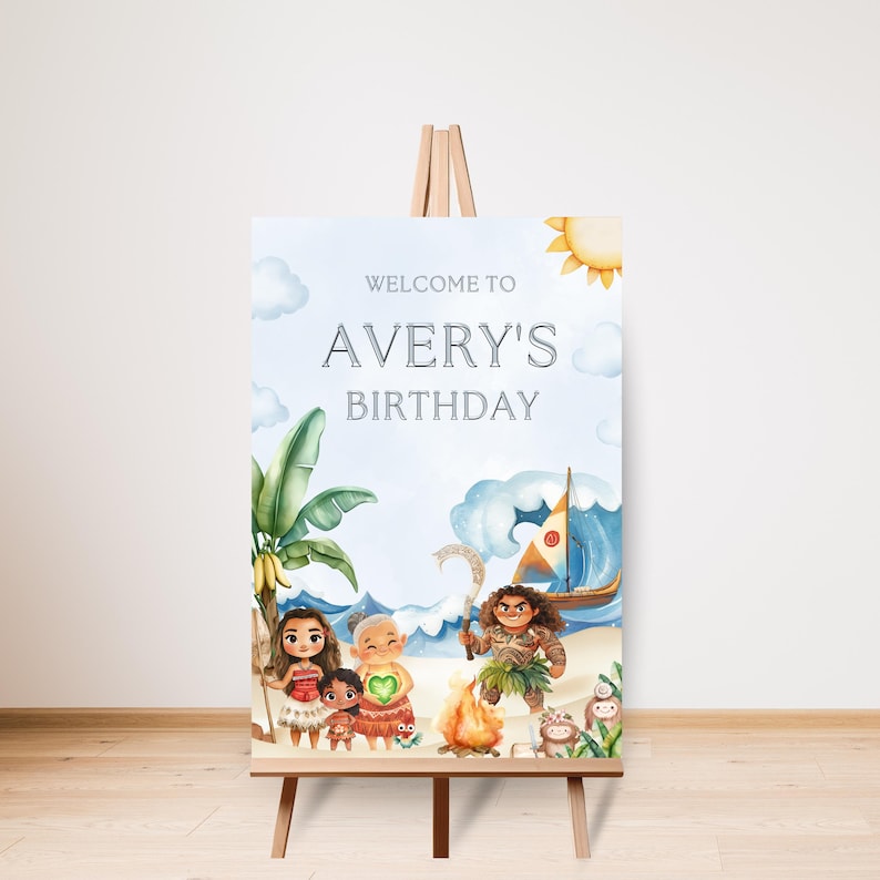 Puede incluir: Un letrero de bienvenida para el cumplea&ntilde;os de Avery, con una escena de playa con personajes de dibujos animados, un velero y una hoguera. El letrero se muestra en un caballete de madera, con el texto "WELCOME TO AVERY'S BIRTHDAY".