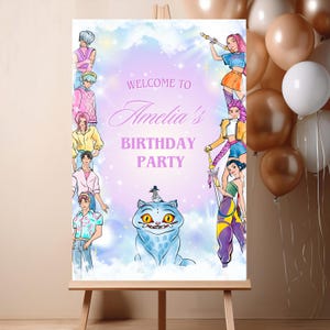 May include: A sign on an easel with the text "Welcome to Amelia's Birthday Party." The sign features illustrations of cartoon characters and a blue cat. Balloons in shades of brown and white are in the background.