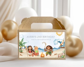 Moana bearbeitbare Geburtstagsparty Gunst Box Etikettenvorlage, hawaiianische Moana Geburtstag Giebelbox, Geschenkbox Etikett, Moana Maui Leckerli Box Etikett