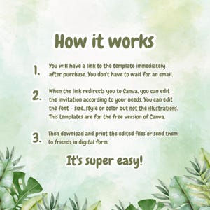 May include: A green and white graphic with the text "How it works" and numbered steps explaining how to use a template. The steps describe editing a template in Canva and downloading the files. Tropical leaves decorate the bottom.