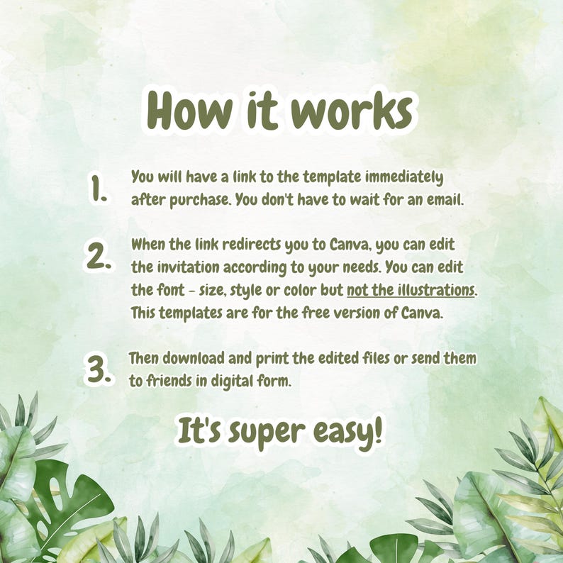 May include: A green and white graphic with the text "How it works" and numbered steps explaining how to use a template. The steps describe editing a template in Canva and downloading the files. Tropical leaves decorate the bottom.