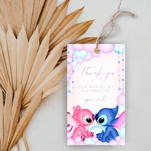 Etichetta modificabile per bomboniere di compleanno a tema Stitch e Angelo, etichetta di ringraziamento a Stitch, etichetta regalo di compleanno per bambini a Stitch, etichetta regalo a tema Stitch, decorazione a tema Stitch