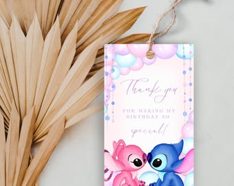 Editable Stitch and Angel Birthday Party Favor Tag, Stitch Thank You Tag, Stitch Kids Birthday Gift Tag, Stitch Treat Tag, Stitch Decor