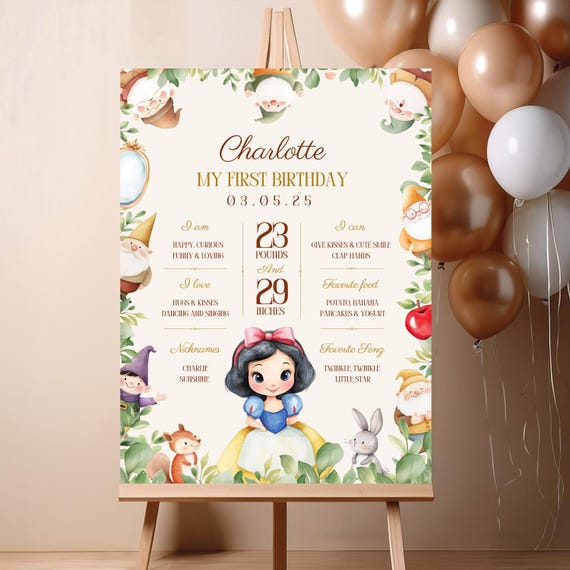 Snow White Birthday Milestone Sign, Editable Snow White Milestone Poster Template, Snow White Birthday Party Decor, 1st Birthday Board