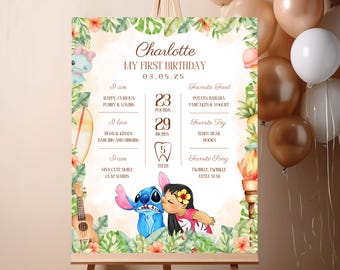 Letrero de hitos de cumpleaños de Lilo y Stitch, plantilla editable de póster de hitos de Stitch hawaiano, decoración para fiesta de Stitch, tablero de hitos de Stitch
