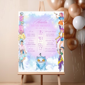 以下が含まれることがあります： イーゼルに立てられた、名前「Amelia」と「MY 5TH BIRTHDAY」の文字が入ったパーソナライズされた誕生日サイン。サインには漫画のイラストや、好きな食べ物、おもちゃ、映画などの個人的な詳細が含まれています。さまざまな色の風船が背景にあります。