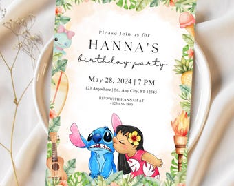 Editable Lilo and Stitch Kids Birthday Party Invitation, Stitch Kids Party Invite Template, Lilo and Stitch Welcome Sign, Cartoon Invitation