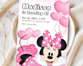 Editable Minnie Mouse Kids Birthday Party Invitation, Minnie Mouse Kids Party Invite Template, Minnie Welcome Sign, Minnie Girls Invitation