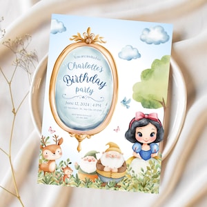 Modello di invito per la festa di compleanno dei bambini di Biancaneve, invito personalizzato per la festa di compleanno di Biancaneve, festa della principessa