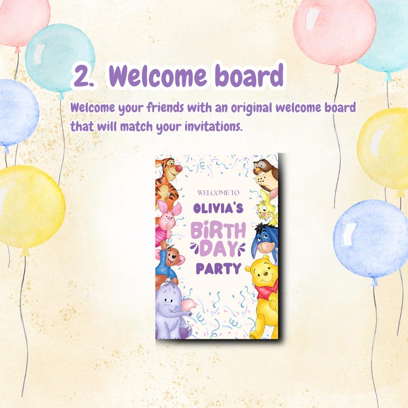May include: A Winnie the Pooh themed welcome board with a purple background and white text that says "Welcome to Olivia's Birthday Party". The board features various characters from the Winnie the Pooh franchise, including Winnie the Pooh, Piglet, Eeyore, Tigger, and Owl.