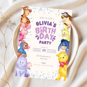 May include: A Winnie the Pooh themed birthday party invitation with a purple and white background. The invitation features a colorful confetti design and images of Winnie the Pooh and his friends. The text on the invitation reads "Join us for a Olivia's Birthday Party" and includes the date, time, and location of the party.