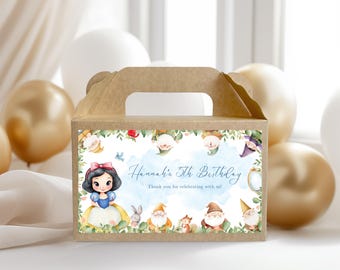 Schneewittchen bearbeitbares Etikett für die Geburtstagsparty, Etikettvorlage für die Geburtstagsgeschenkbox, Etikett für die Schneewittchenkinder, Schneewittchendekor