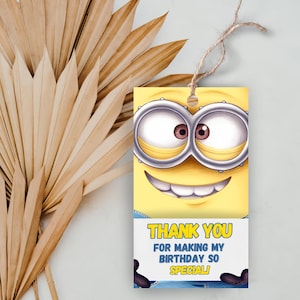 Etiqueta editável para lembrancinhas de festa dos Minions, etiqueta de agradecimento dos Minions, etiqueta para presente de aniversário infantil dos Minions, etiqueta de agradecimento para festa de aniversário dos Minions, festa dos Minions