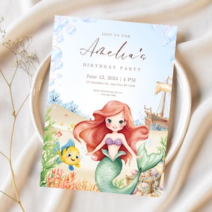 Faire-part d'anniversaire pour enfants La petite sirène, modèle d'invitation d'anniversaire de princesse Ariel, invitation sous la mer, panneau de bienvenue Ariel