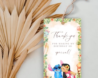 Bearbeitbarer Lilo und Stitch-Geburtstagsfeier-Bevorzugungsanhänger, Stitch-Dankeschön-Tag, Stitch-Kindergeburtstagsgeschenkanhänger, Stitch-Leckerli-Tag, Stitch-Partydekor