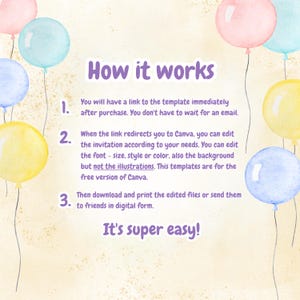 May include: A colorful illustration with balloons and text that reads "How it works" and explains how to use a template. The text says: "You will have a link to the template immediately after purchase. You don't have to wait for an email. When the link redirects you to Canva, you can edit the invitation according to your needs. You can edit the font - size, style or color, also the background but not the illustrations. This templates are for the free version of Canva. Then download and print the edited files or send them to friends in digital form. It's super easy!"
