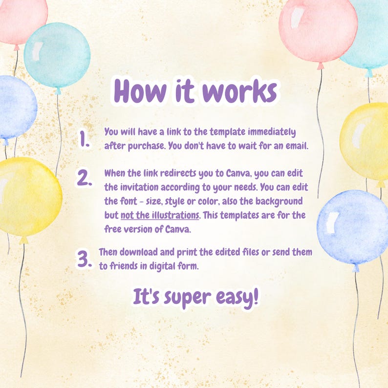 May include: A colorful illustration with balloons and text that reads "How it works" and explains how to use a template. The text says: "You will have a link to the template immediately after purchase. You don't have to wait for an email. When the link redirects you to Canva, you can edit the invitation according to your needs. You can edit the font - size, style or color, also the background but not the illustrations. This templates are for the free version of Canva. Then download and print the edited files or send them to friends in digital form. It's super easy!"