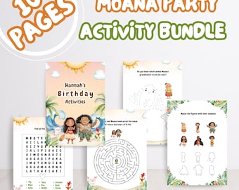 Gepersonaliseerde Moana-activiteitenbundel verjaardagsfeestje, bewerkbare activiteitenbladen voor kinderverjaardag, afdrukbare Moana-activiteitenpagina, Moana-feestspellen
