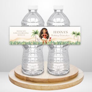 May include: Two clear plastic water bottles with white caps, each with a decorative label. The label features a cartoon illustration of a girl in a red and white outfit, palm trees, and the text "Hanna's Birthday Celebration."