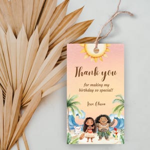 Etiqueta editável para lembrancinhas da festa Moana, etiqueta de agradecimento Moana, etiqueta para presente de aniversário infantil Moana, etiqueta de agradecimento de aniversário Moana Maui, decoração para festa Moana
