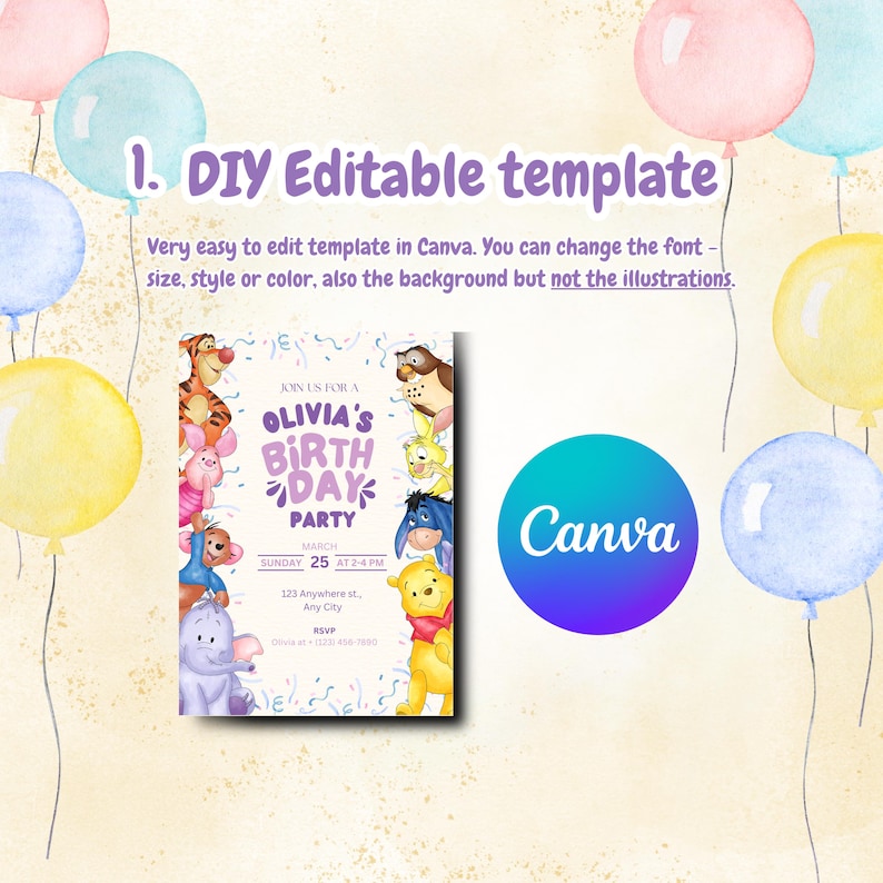 May include: A purple and white birthday party invitation featuring Winnie the Pooh and friends. The invitation says "Join us for a Olivia's Birthday Party" with the date and time. The invitation is editable in Canva.