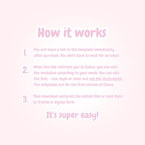 May include: A light pink graphic with the text "How it works" in a bubble font. The steps are numbered and describe how to use a template, edit in Canva, and download or send the files. The phrase "It's super easy!" is at the bottom.