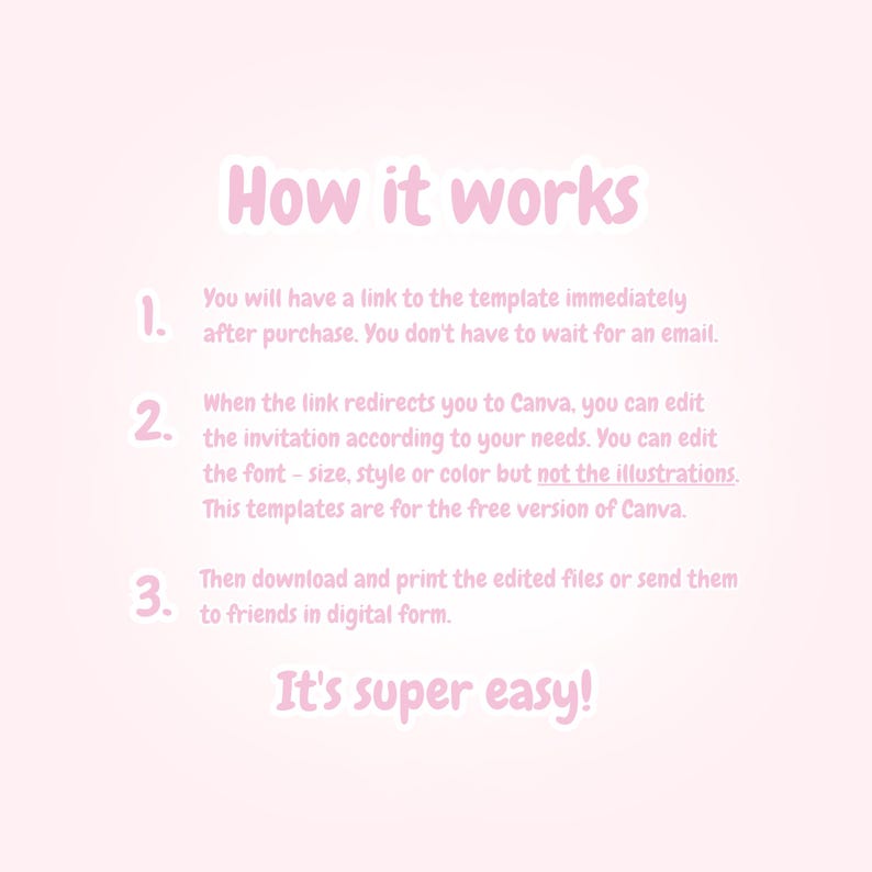 May include: A light pink graphic with the text "How it works" in a bubble font. The steps are numbered and describe how to use a template, edit in Canva, and download or send the files. The phrase "It's super easy!" is at the bottom.