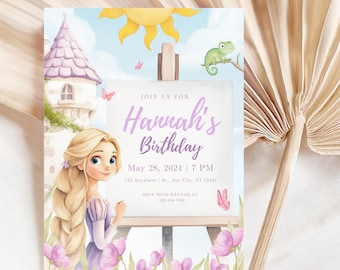 Invitación para fiesta de cumpleaños de niños de Rapunzel, plantilla de invitación para fiesta de cumpleaños de princesa, niña de cumpleaños de princesa Rapunzel, letrero de bienvenida de Rapunzel