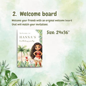 May include: A welcome board with the text "Welcome to HANNA'S birthday party." The board features a cartoon illustration of a girl, palm trees, and other characters. The size is 24x36 inches.