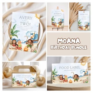 Puede incluir: Un paquete de cumplea&ntilde;os con tem&aacute;tica de Moana que incluye invitaciones, un letrero de bienvenida, etiquetas de agradecimiento, una etiqueta de comida y una caja de recuerdos. Los dise&ntilde;os incluyen ilustraciones de personajes de Moana, palmeras y una escena de playa.