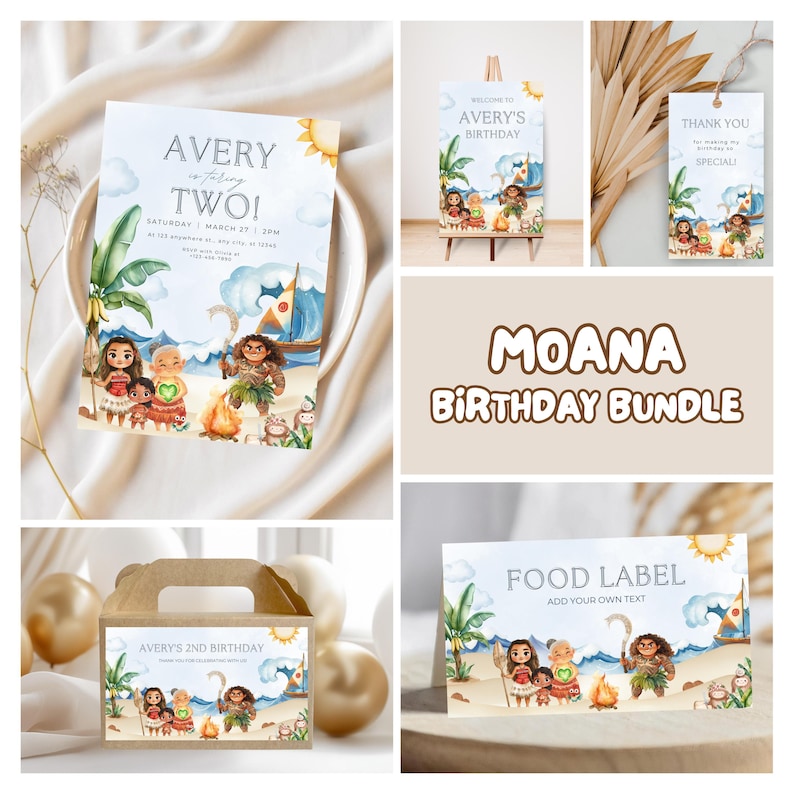 Puede incluir: Un paquete de cumplea&ntilde;os con tem&aacute;tica de Moana que incluye invitaciones, un letrero de bienvenida, etiquetas de agradecimiento, una etiqueta de comida y una caja de recuerdos. Los dise&ntilde;os incluyen ilustraciones de personajes de Moana, palmeras y una escena de playa.