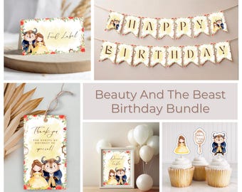Paquete de fiesta de cumpleaños de La Bella y la Bestia, pancarta de La Bella y la Bestia, etiqueta de regalo de Bella, adornos de Bella, etiqueta de comida de Bella, letrero de postre de Bella